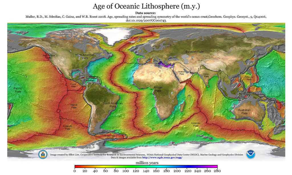 Carte de l'age de la lithosphère océanique. Source :  http://www.ngdc.noaa.gov/mgg/ocean_age/data/2008/ngdc-generated_images/whole_world/2008_age_of_oceans_plates.jpg Licence : Domaine public.