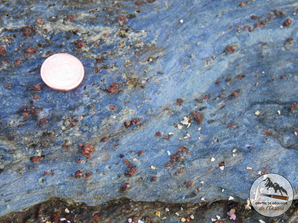 Assemblage  Grenat+ Glaucophane : cette roche s'est formées dans le faciès des  Schistes Bleus. Le minéral jaune-vert est l'Epidote.